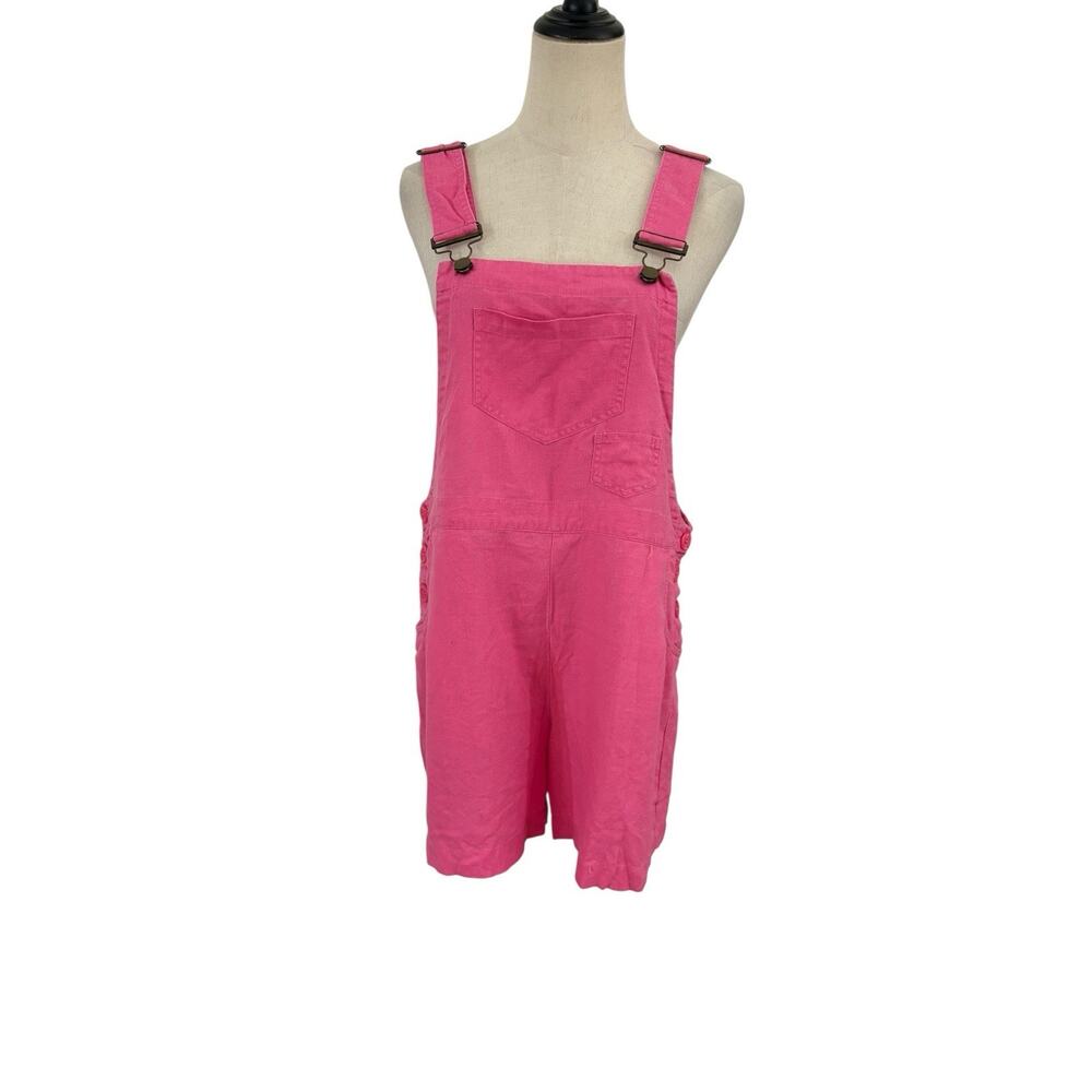 Vtg 90s Real Comfort Pink Linen Short Overalls PS Romper Y2K‎ Adjustable Straps